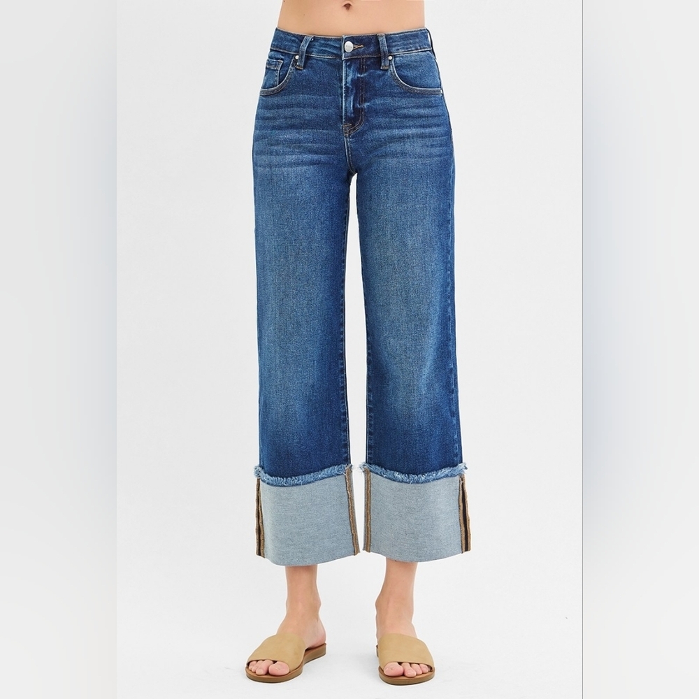 Risen Mid Rise Dark Wash Slim Wide Leg Wide Cuff Denim Jeans Stretch Various NEW - Picture 3 of 11